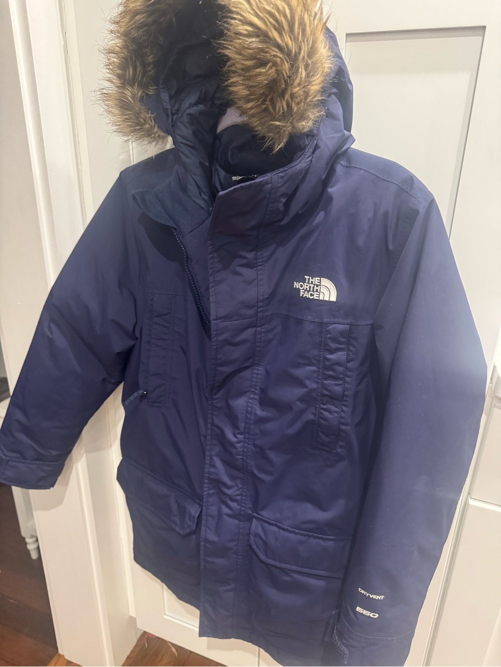 The North Face Kids Navy Puffer Parka with Faux Fur Trim